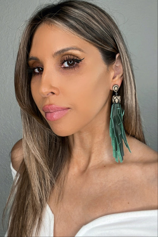 Gold & Silver Crystal Green Leather Tassel Earring - Born To Glam Born To Glam