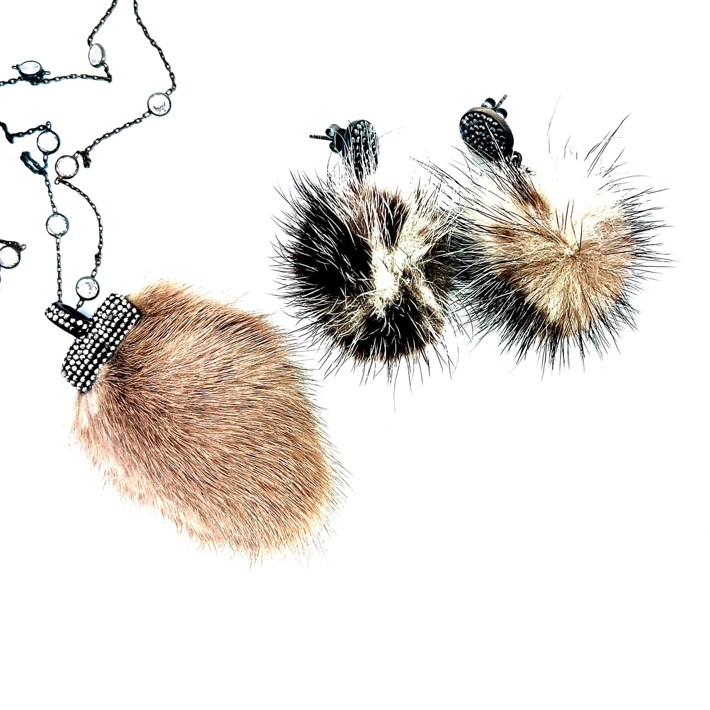 Gray Luxe Fur Crystal Pendant Sterling Silver Necklace - Born To Glam Born To Glam