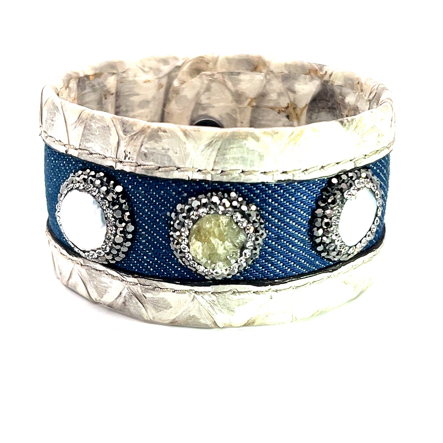 Gray Snakeskin Print Leather & Denim Gemstone Bracelet - Born To Glam Born To Glam