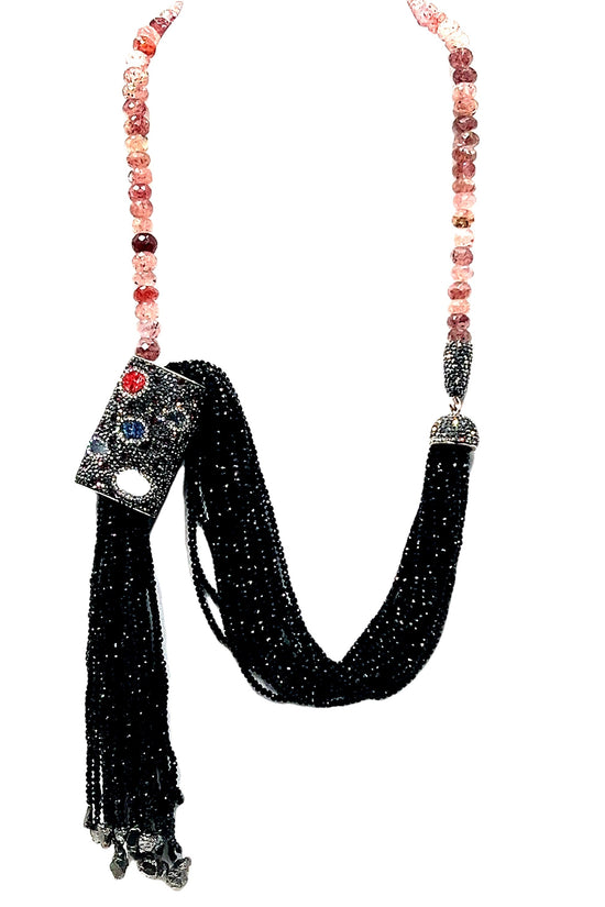 Load image into Gallery viewer, Statement Black Tassel &amp;amp; Gemstone Necklace - Born To Glam
 Born To Glam