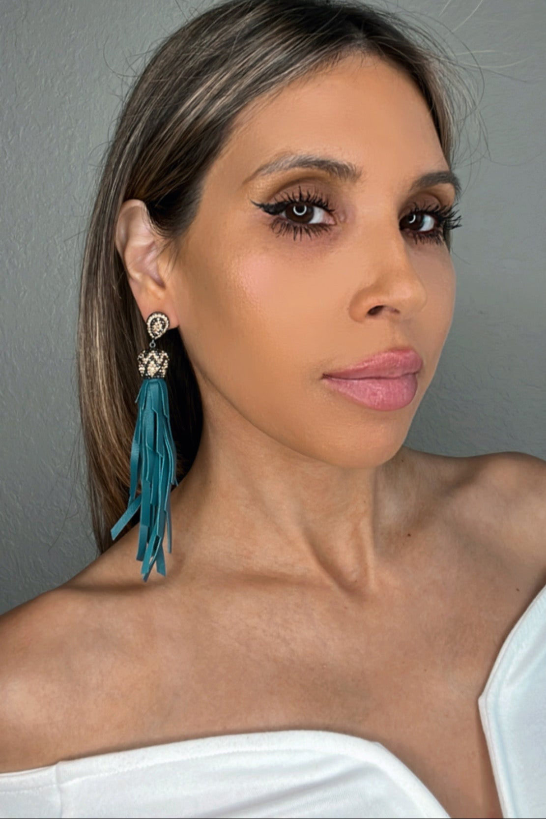 Gold & Silver Crystal Teal Leather Tassel Earring - Born To Glam Born To Glam