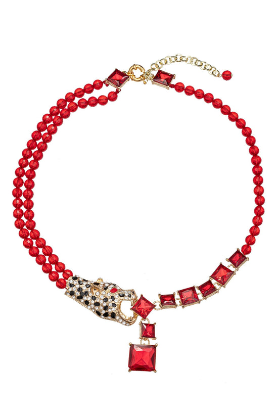 Larissa Red Leopard Beaded Necklace - Born To Glam Born To Glam