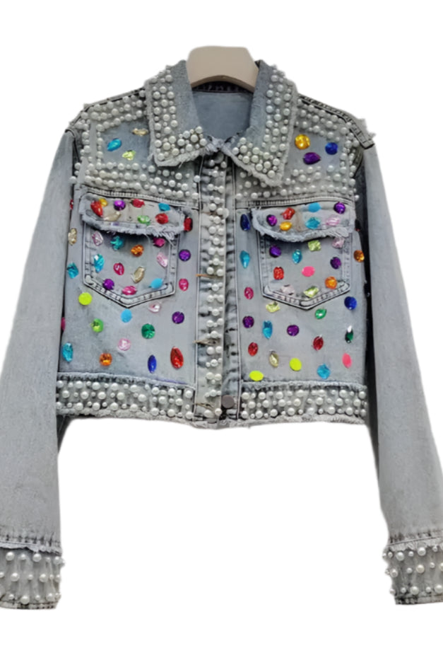 Glam Gemstone Pearl Denim Jacket - Born To Glam Born To Glam