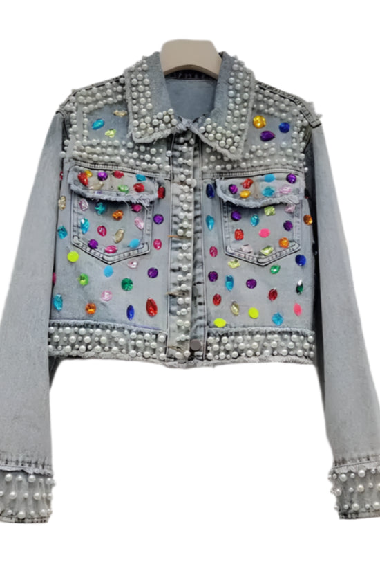 Glam Gemstone Pearl Denim Jacket - Born To Glam Born To Glam