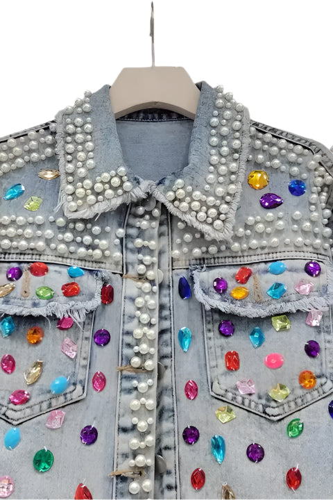 Load image into Gallery viewer, Glam Gemstone Pearl Denim Jacket - Born To Glam
 Born To Glam