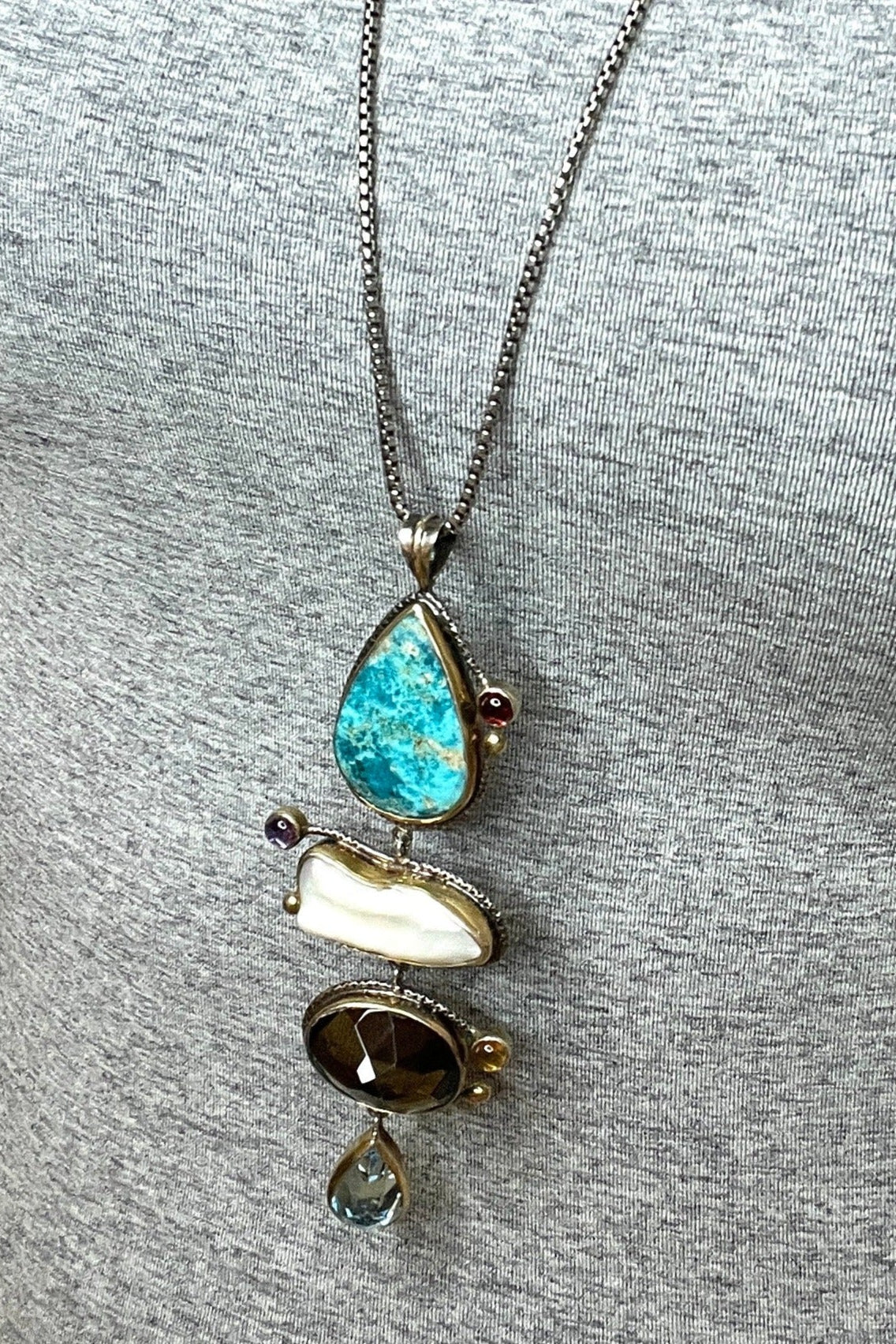 4 Tier Multi Gemstone Turquoise and Pearl Pendant - Born To Glam Born To Glam