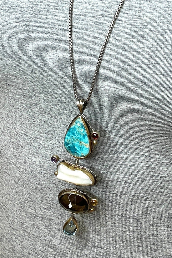 4 Tier Multi Gemstone Turquoise and Pearl Pendant - Born To Glam Born To Glam