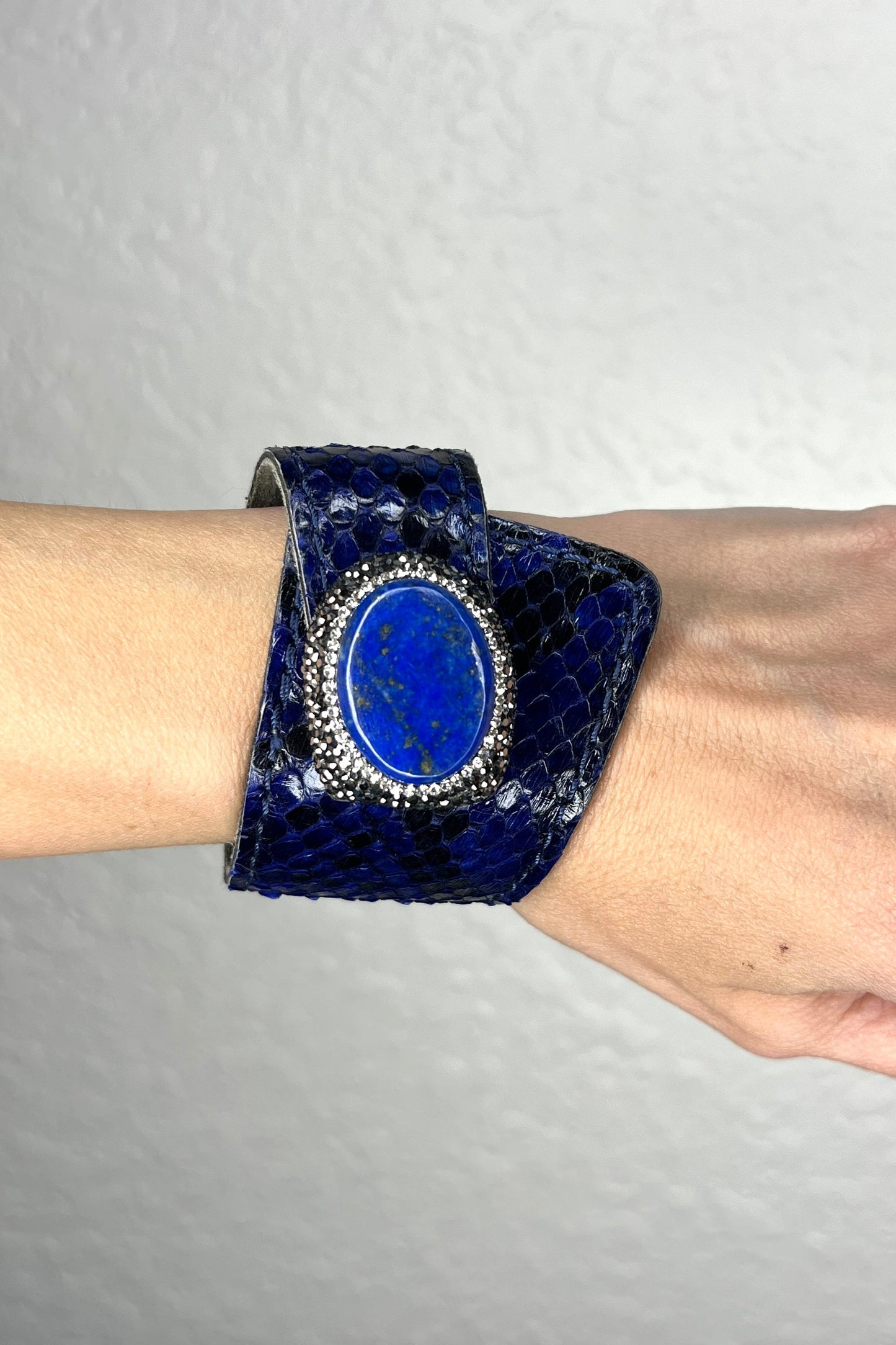 Royal Blue Snakeskin Print Leather Wraparound Gemstone Bracelet - Born To Glam Born To Glam
