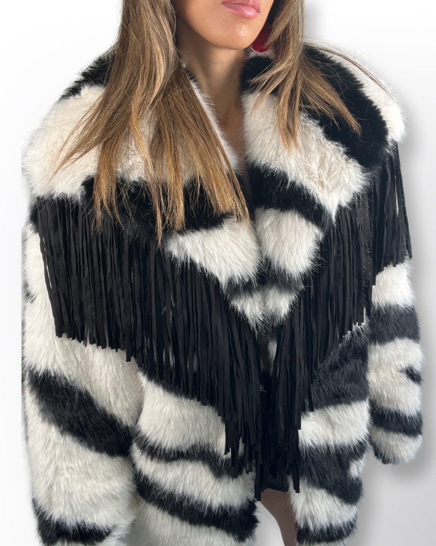 Zebra Faux Fur Fringe Coat - Born To Glam Born To Glam