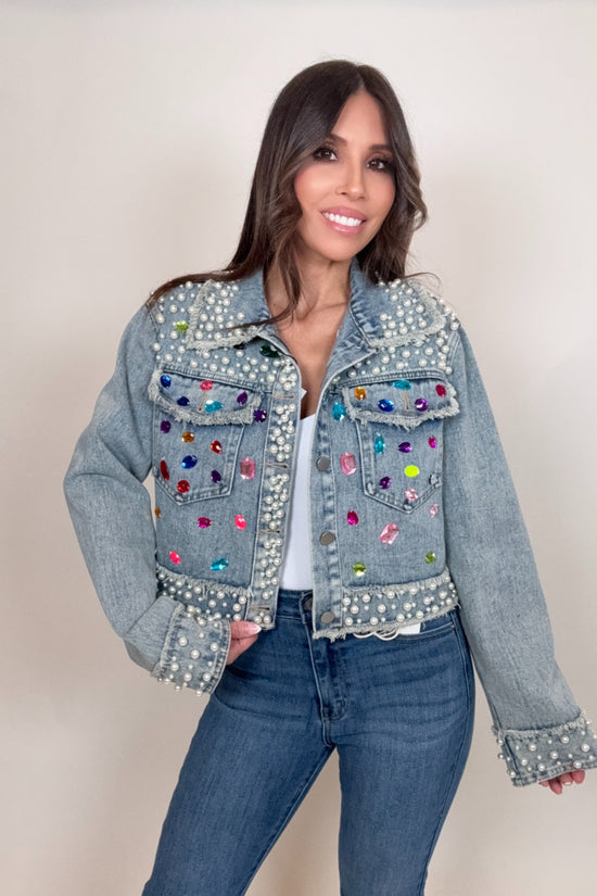 Load image into Gallery viewer, Glam Gemstone Pearl Denim Jacket - Born To Glam
 Born To Glam