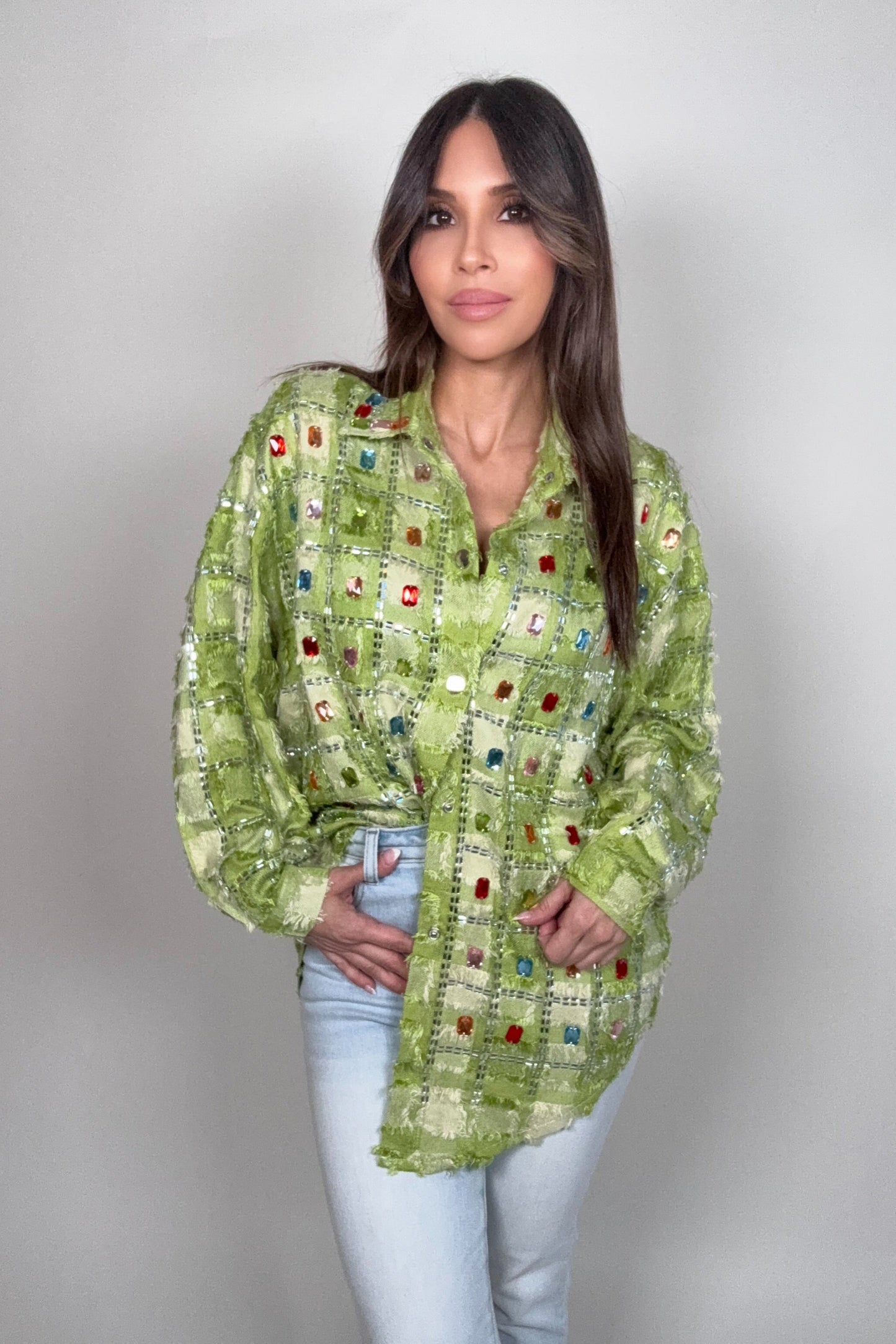 Lime Green Chic Multicolor Crystal Checkered Top - Born To Glam Born To Glam