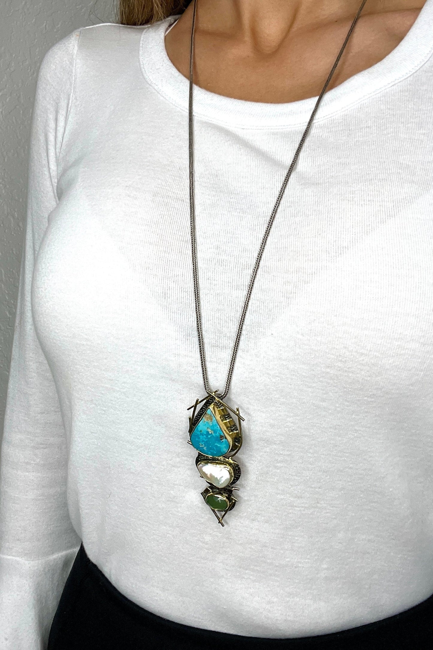 Large Turquoise Pearl Sterling Silver Pendant Necklace - Born To Glam Born To Glam