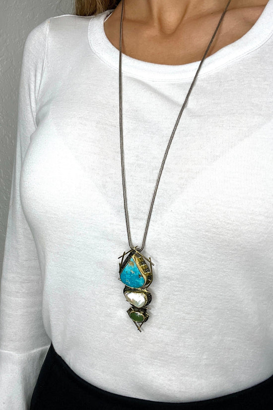 Large Turquoise Pearl Sterling Silver Pendant Necklace - Born To Glam Born To Glam
