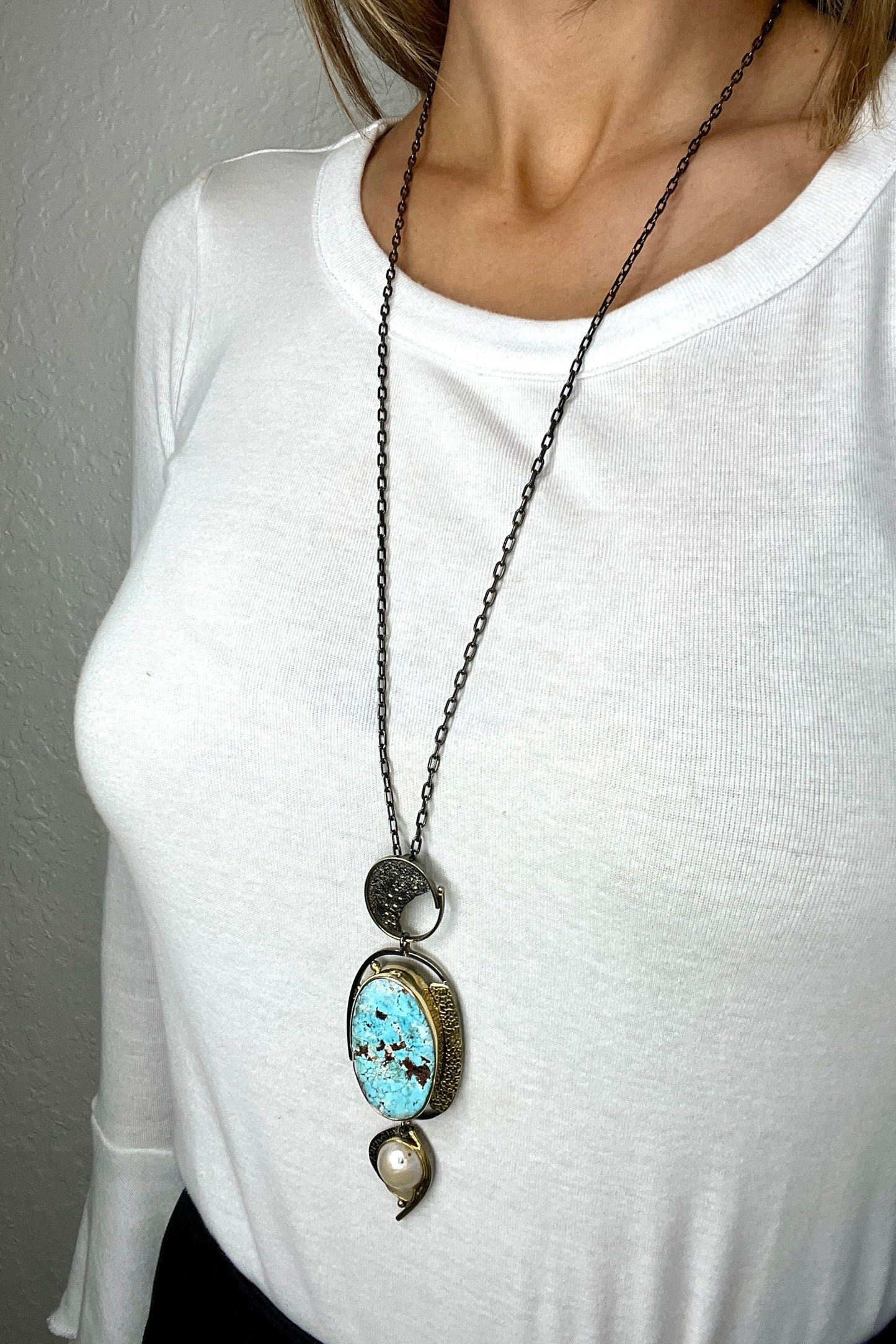 Large Turquoise & Gold Sterling Silver Pendant Necklace - Born To Glam Born To Glam