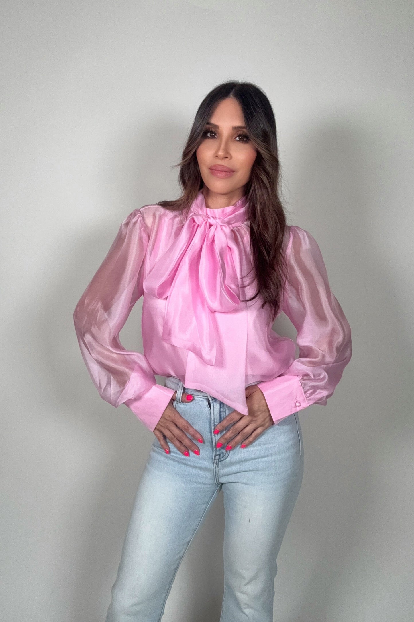 Pastel Chiffon Long Sleeve Bow-Tie Blouse - Born To Glam Born To Glam