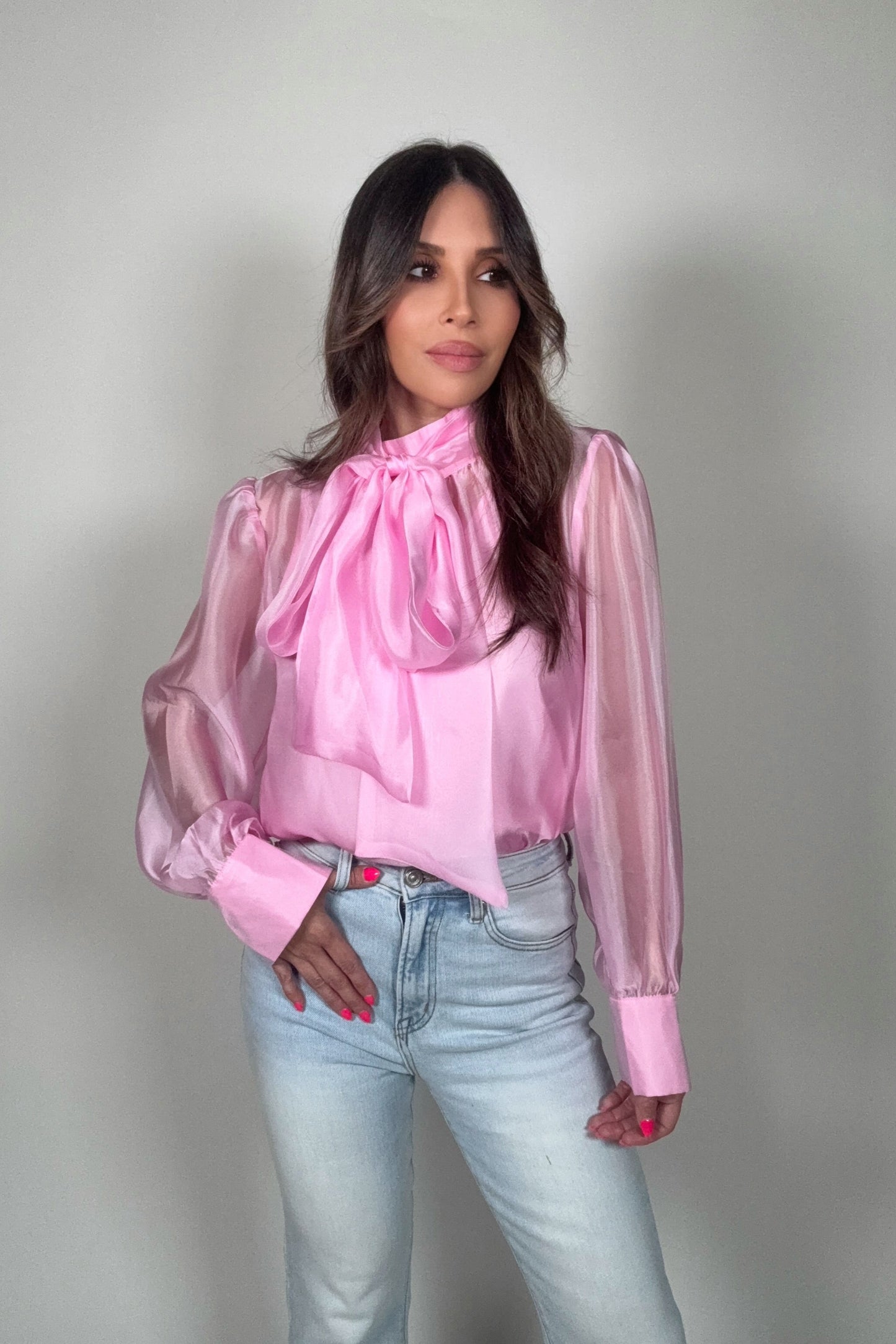Pastel Chiffon Long Sleeve Bow-Tie Blouse - Born To Glam Born To Glam