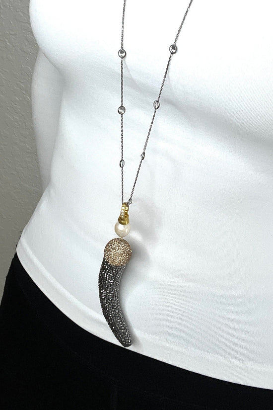 Dual Tone Crystal Horn Pendant Long Necklace - Born To Glam Born To Glam