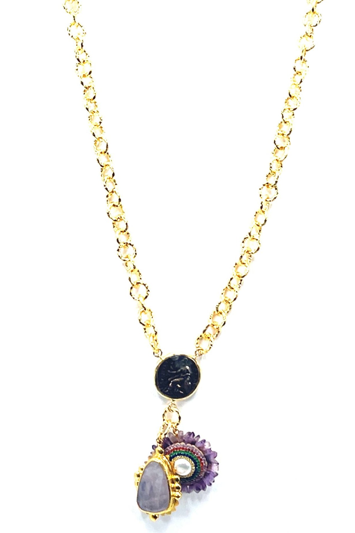 Pearl & Purple Gemstone Multicolor Crystal Gold Plated Pendant Necklace - Born To Glam Born To Glam