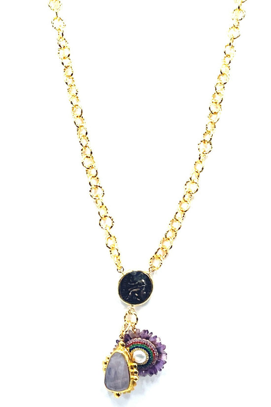 Pearl & Purple Gemstone Multicolor Crystal Gold Plated Pendant Necklace - Born To Glam Born To Glam