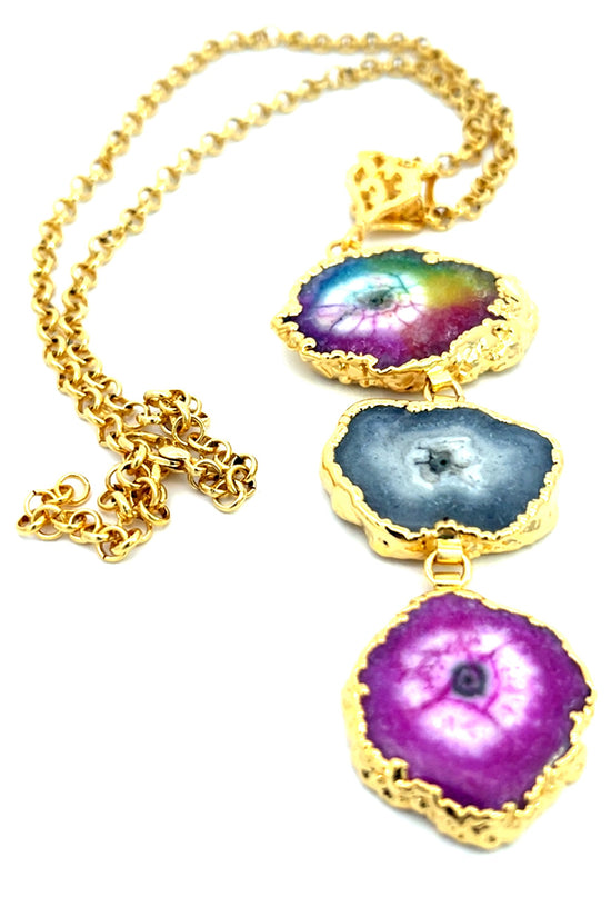 Triple Tiered Purple Agate Pendant Necklace - Born To Glam Born To Glam