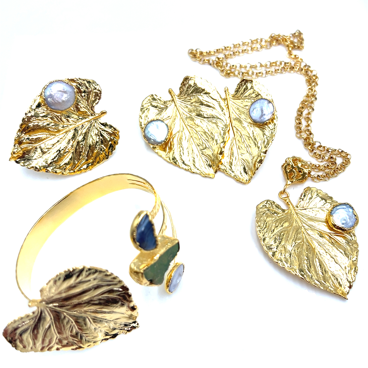 Gold Leaf Brass Necklace & Bracelet Pearl Set - Born To Glam Born To Glam