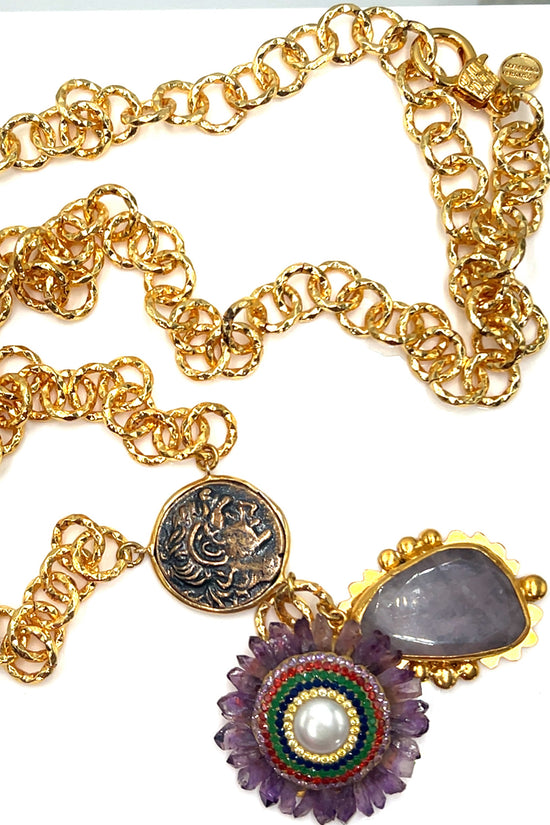 Pearl & Purple Gemstone Multicolor Crystal Gold Plated Pendant Necklace - Born To Glam Born To Glam