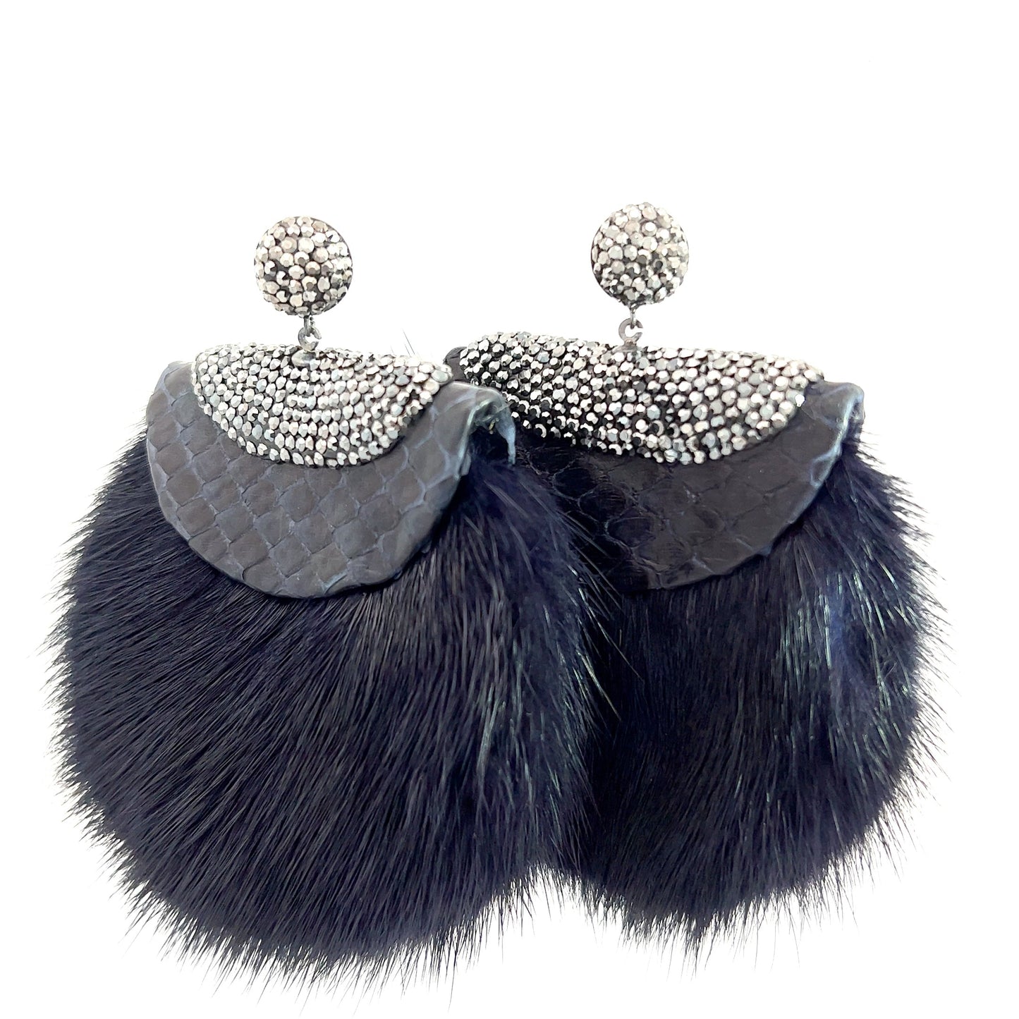 Navy Blue Luxe Fur and Crystal Statement Earring - Born To Glam Born To Glam