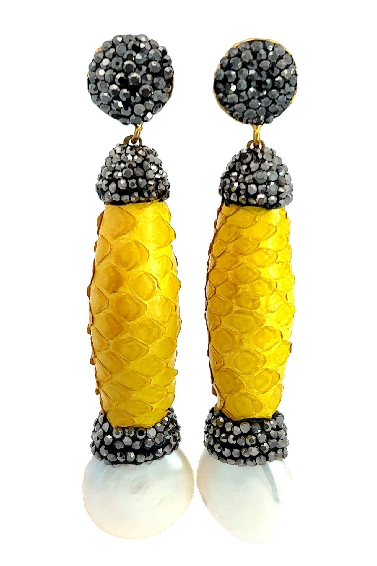 Yellow Python Print Crystal and Pearl Drop Earring - Born To Glam Born To Glam