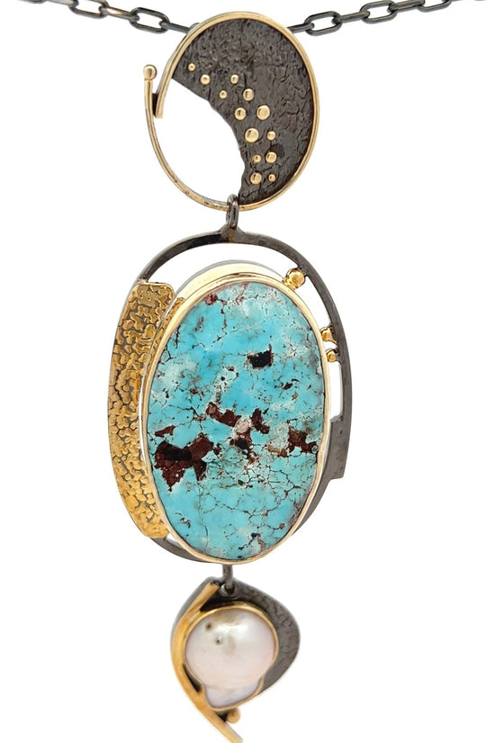 Large Turquoise & Gold Sterling Silver Pendant Necklace - Born To Glam Born To Glam