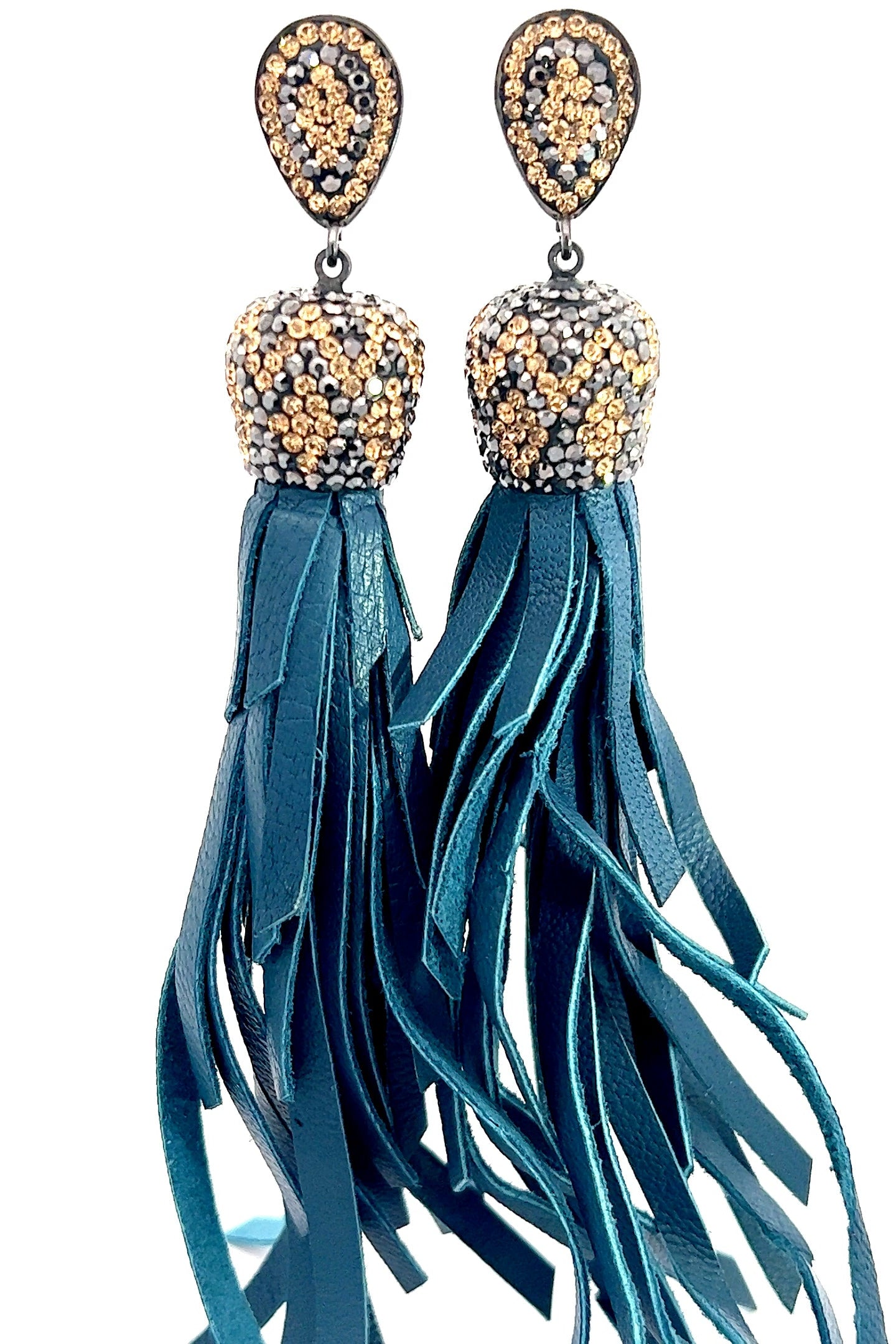 Gold & Silver Crystal Teal Leather Tassel Earring - Born To Glam Born To Glam