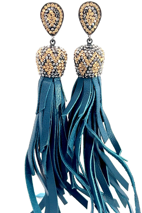 Gold & Silver Crystal Teal Leather Tassel Earring - Born To Glam Born To Glam