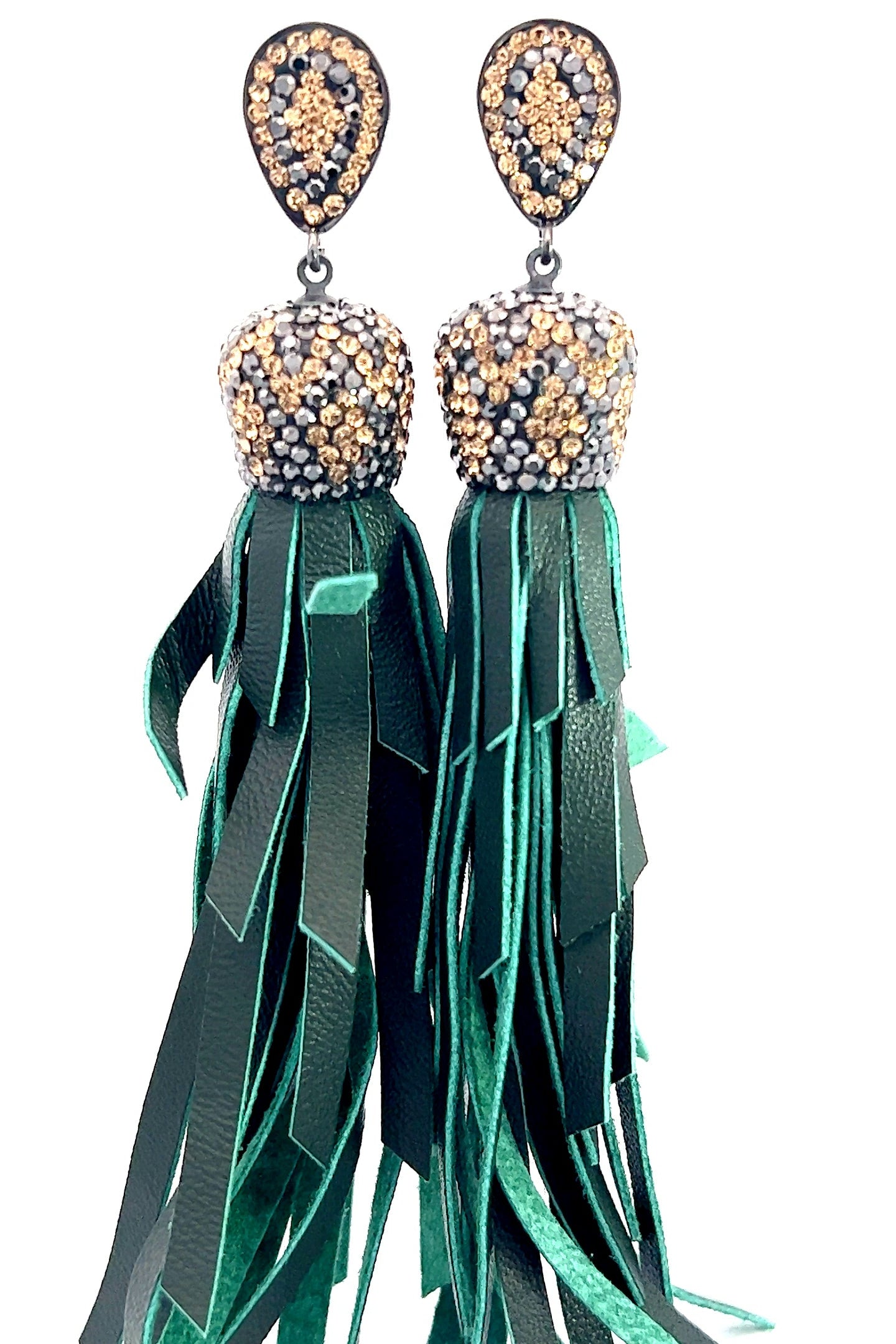 Gold & Silver Crystal Green Leather Tassel Earring - Born To Glam Born To Glam