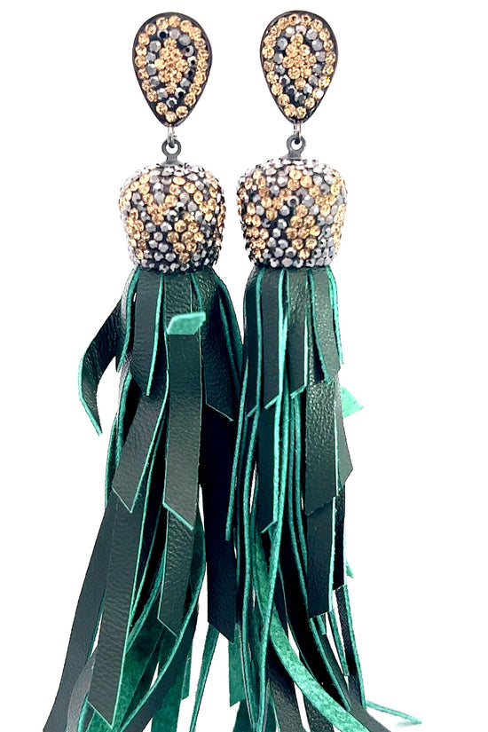 Gold & Silver Crystal Green Leather Tassel Earring - Born To Glam Born To Glam