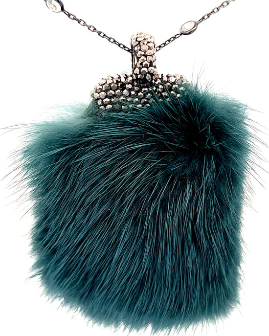 Teal Luxe Fur Crystal Pendant Sterling Silver Necklace - Born To Glam Born To Glam