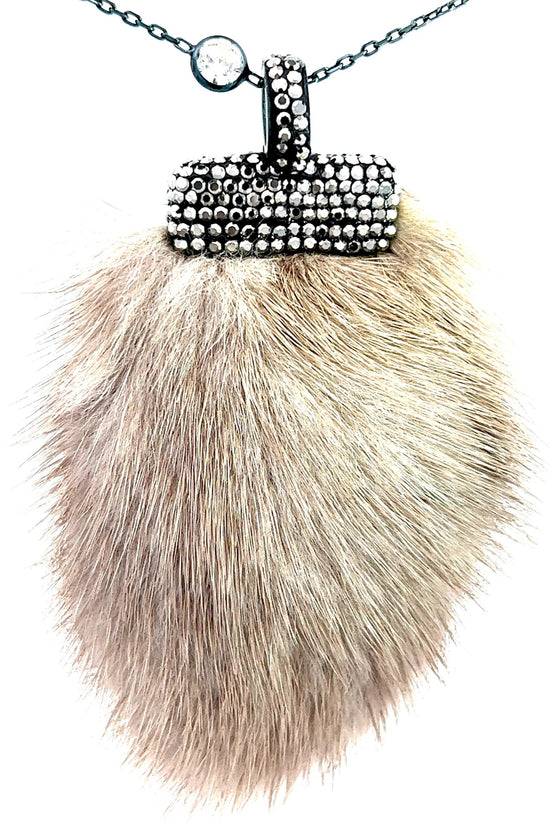 Gray Luxe Fur Crystal Pendant Sterling Silver Necklace - Born To Glam Born To Glam
