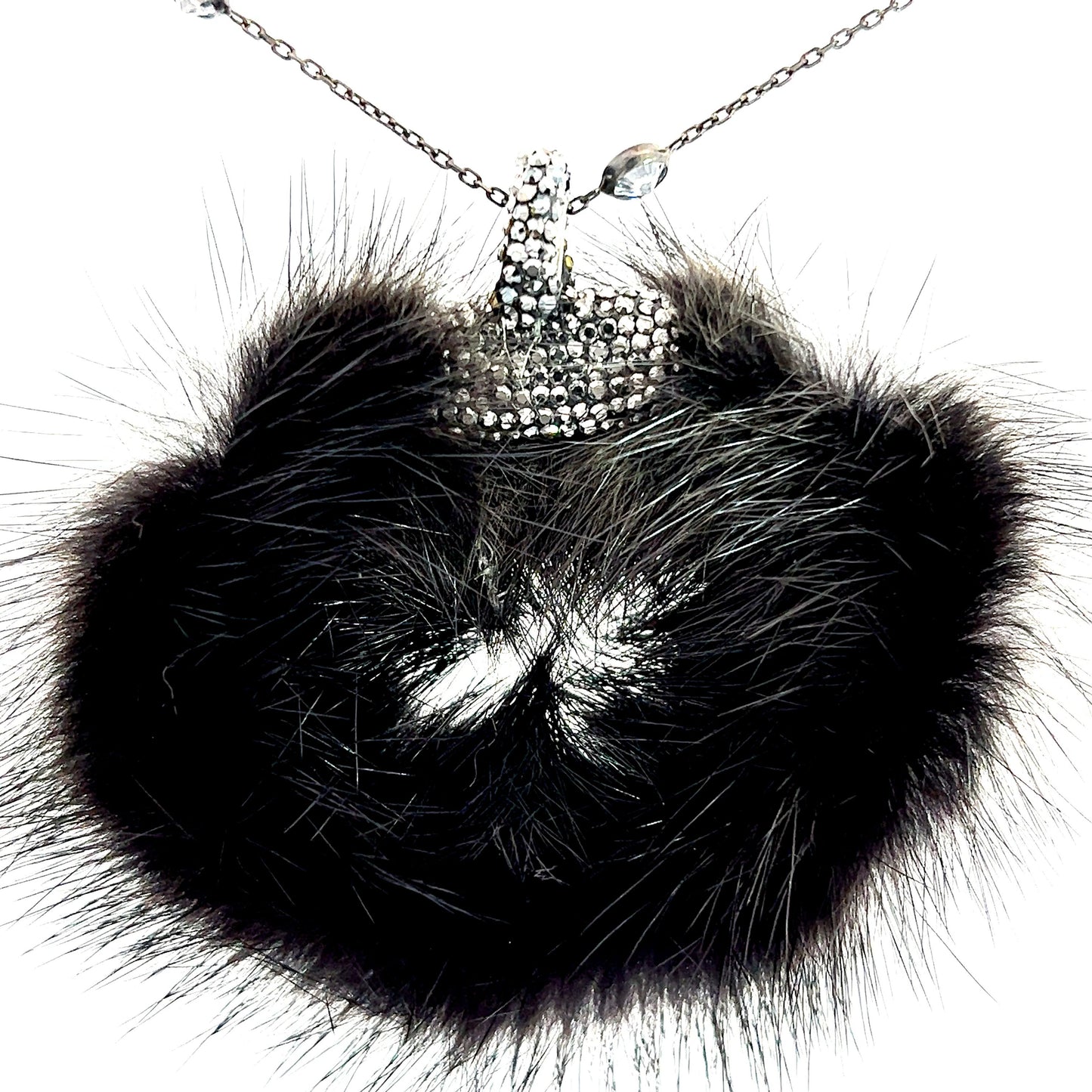 Black Circular Luxe Fur Crystal Pendant Sterling Silver Necklace - Born To Glam Born To Glam