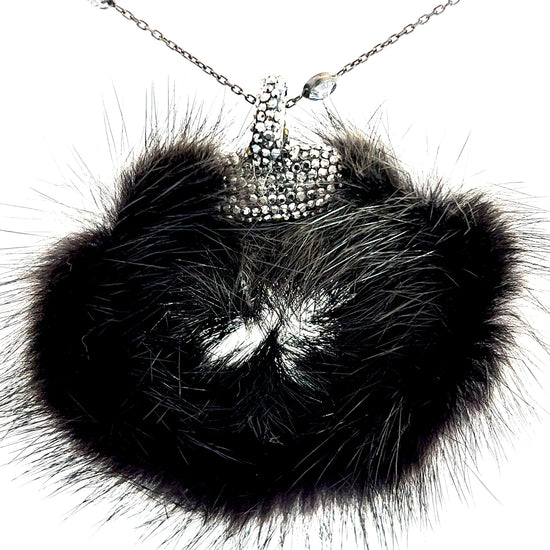 Black Circular Luxe Fur Crystal Pendant Sterling Silver Necklace - Born To Glam Born To Glam