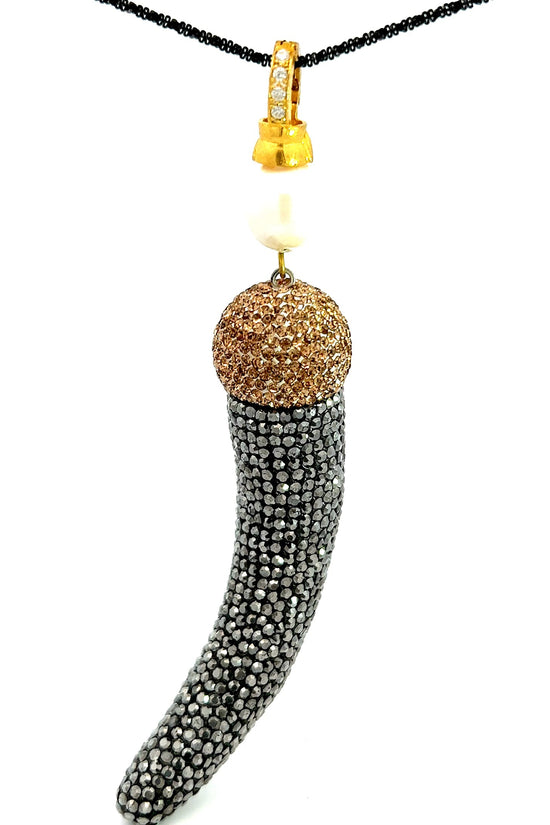 Dual Tone Crystal Horn Pendant Long Necklace - Born To Glam Born To Glam