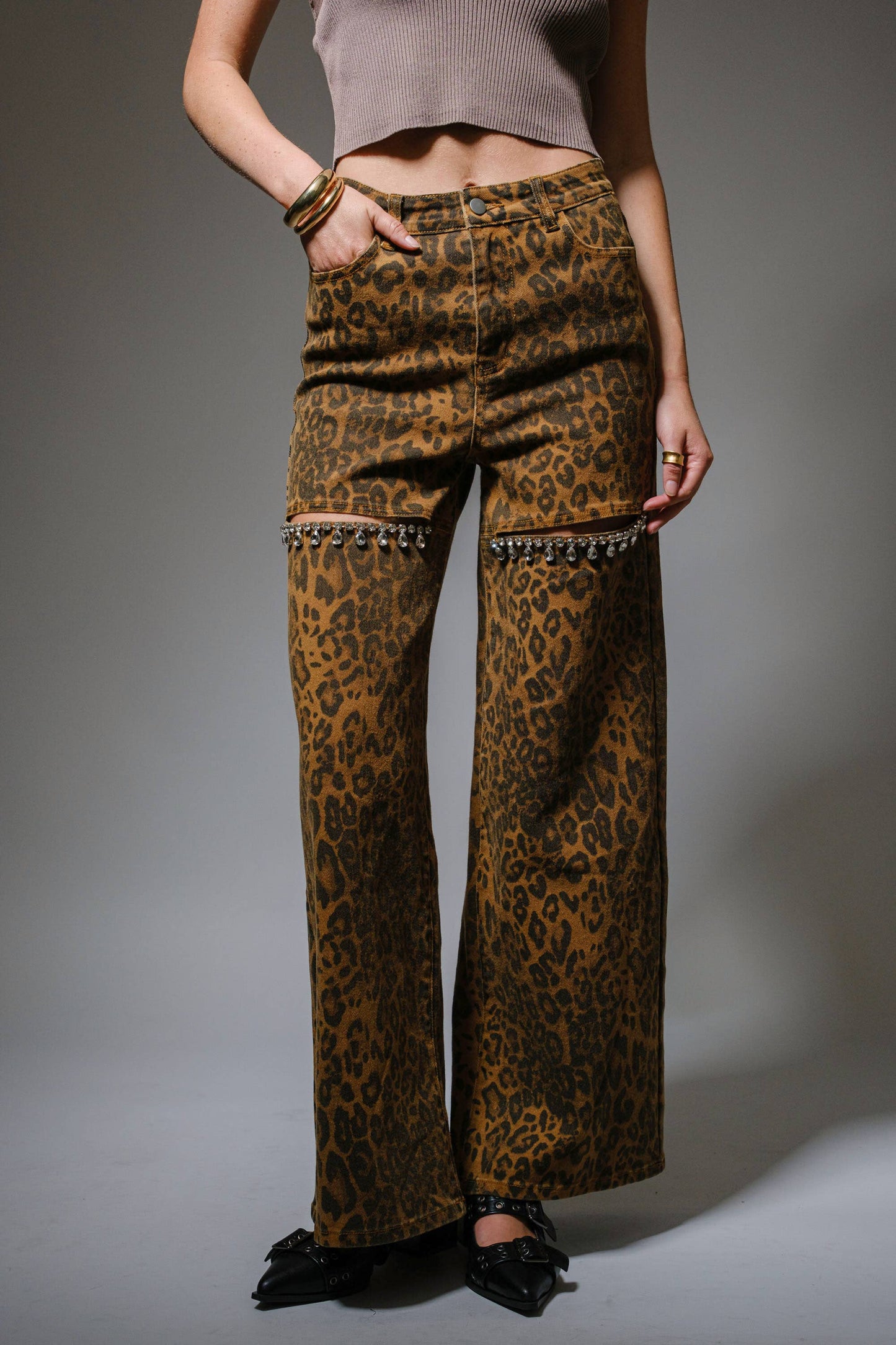 Leopard Print Cut-Out Rhinestone Jeans - Born To Glam Born To Glam