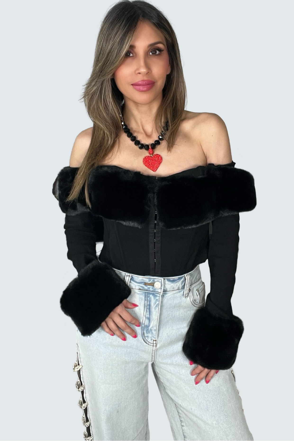 Faux Fur Trim Off The Shoulder Top - Born To Glam Born To Glam