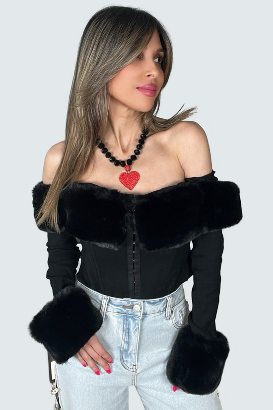 Faux Fur Trim Off The Shoulder Top - Born To Glam Born To Glam